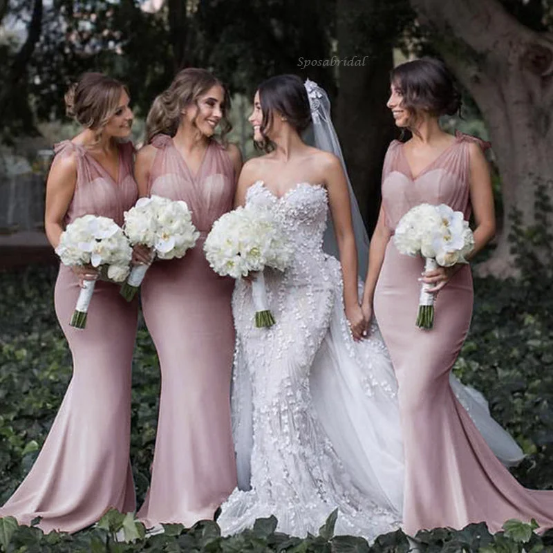 Trend Alert Formal Dusty Pink V-neck Tulle Strapes Mermaid Long Bridesmaid Dress, BD3230