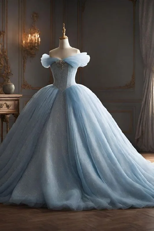 Limited Styles Modest Ball Gown Off The Shoulder Tulle Long Light Sky Blue Sweet 16 Dress Prom Dresses C1139