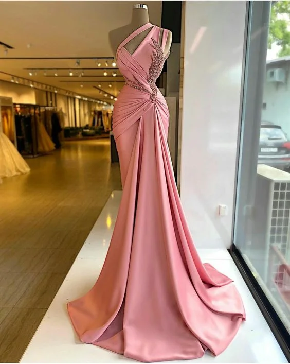 Summer Fashion Pink Pleated Prom Dresses, Pearls Prom Dresses,  Satin Evening Dresses, Arabic Prom Dresses Y560