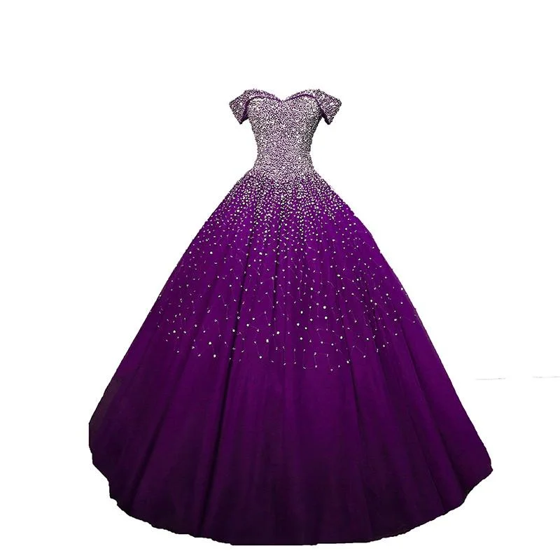 Now On Sale For Chic Urban Styles Purple Sequins Off Shoulder Ball Gown Sweet 16 Gown, Lace-Up Tulle Purple Formal prom Dresses    cg23652