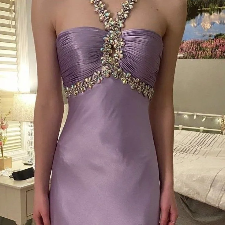 Seasonal Fashion Glamorous purple satin beaded long prom evening dresses Y5084