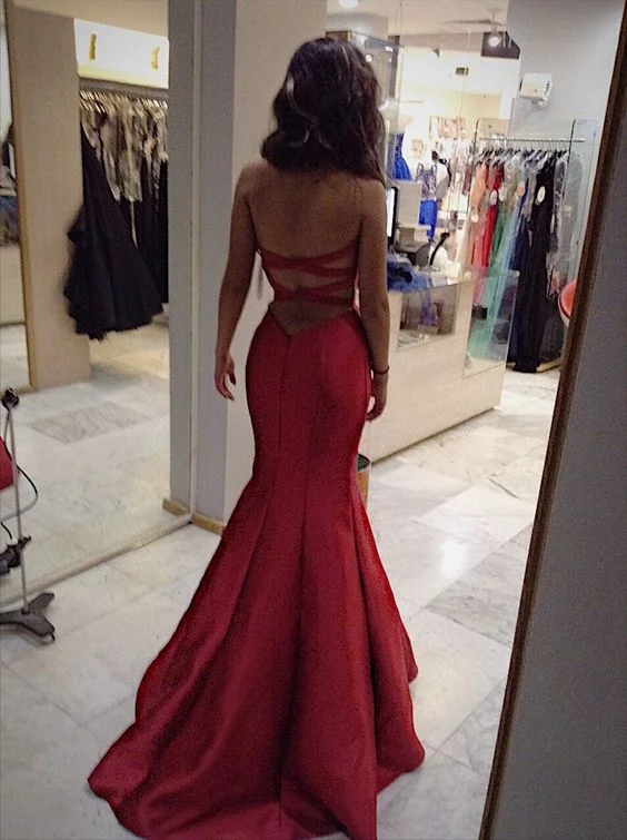 Wardrobe Upgrade Burgundy Satin Mermaid/Trumpet Prom Dress Backless Evening Dress Y1908