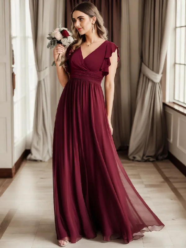 Day-To-Night Styles V Neck Pleated Belted Ruffles Wholesale Bridesmaid Dresses