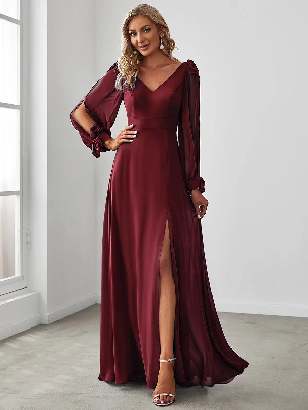 Summer Fashion Long Lantern Sleeves A Line V Neck Wholesale Bridesmaid Dresses