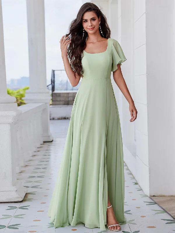 Update With Cottagecore Styles Graceful Short Sleeves Lotus Leaf Backless Bridesmaids Dress Frenulum knotting A-Line Chiffon Dresses