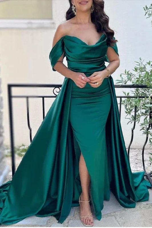 Day-To-Night Styles mermaid emerald satin off the shoulder prom dress for women Y6291