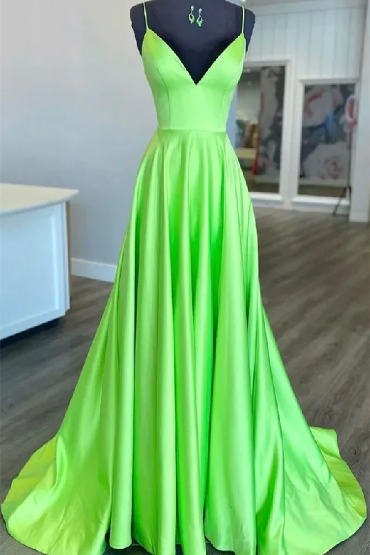 Last Chance Sale Simple A Line V Neck Green Satin Long Prom Dress, V Neck Green Formal Graduation Evening Dress Y215