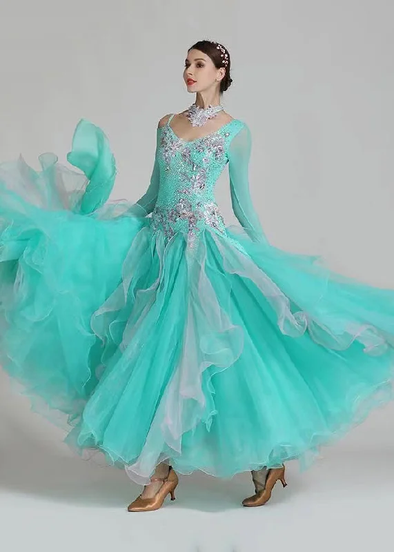 Spring Fashion New Slim Aqua Zircon Ruffled Patchwork Dance Dress Long Sleeve