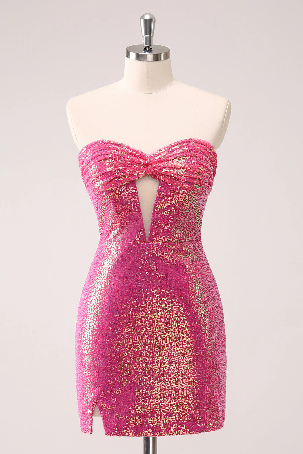 Elevate Your Wardrobe Amzcw Sparkly Fuchsia Bodycon Strapless Hollow Out Sequins Short Homecoming Dress with Slit