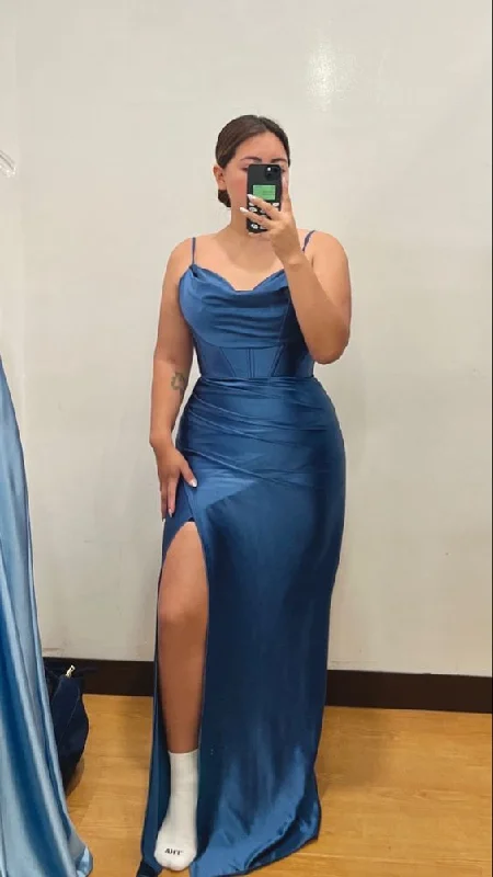 Fashion For Every Occasion Simple Blue Satin Spaghetti Straps Long Evening Prom Dresses, Custom Sheath Prom Dress Y6346