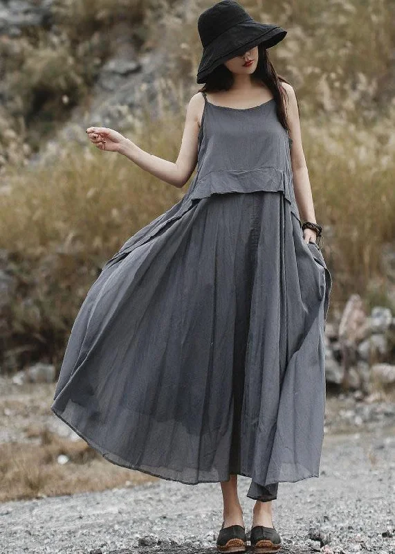 Fashionista Favorites Loose gray sleeveless linen outfit loose waist Maxi summer Dress