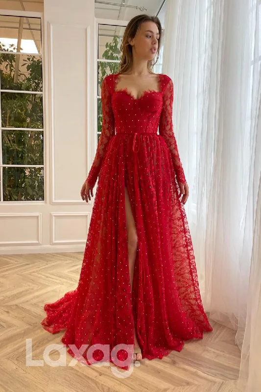 Big Savings 21871 - Red Long Sleeves Thigh Slit Lace Prom Evening Dress