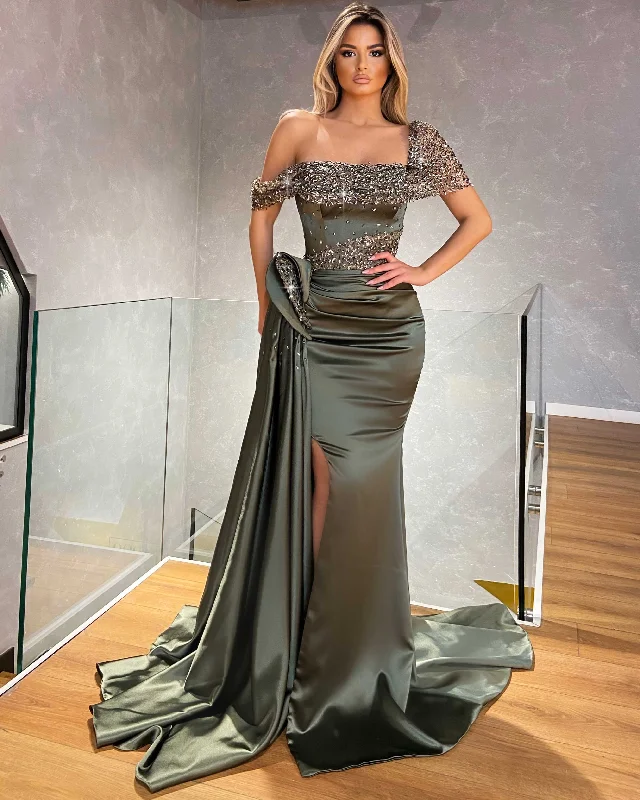 Big Savings Off Shoulder Iron Grey Long Evening Gown