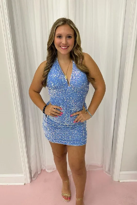 Flash Sale Light Blue Sequin Halter Bodycon Short Homecoming Gown     S3522