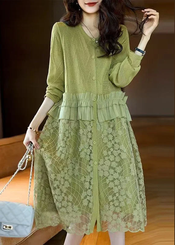 Seasonal Sale Stylish Green Ruffled Button Lace Patchwork Dresses Long Sleeve