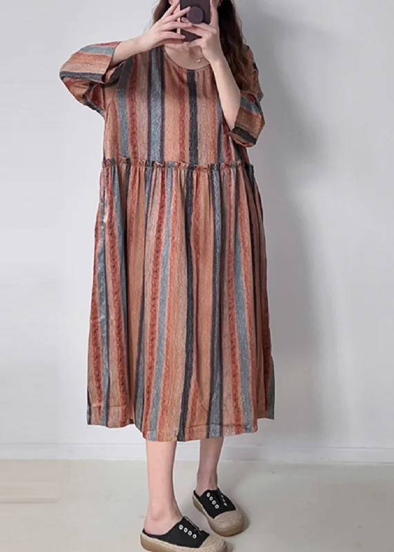 End - Of - Month Blowout Women Orange Striped Patchwork Silk Cotto Long Dresses Long Sleeve