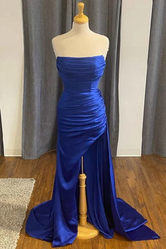 Special Occasion Wear Blue Satin Strapless Mermaid Long Formal Dress with Slit Y5741