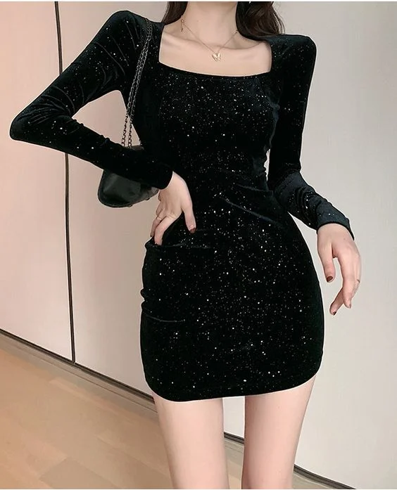 Great Prices On Feminine Styles Women Sexy Glitter Open Back Long Sleeve Bodycon Dress      S2997