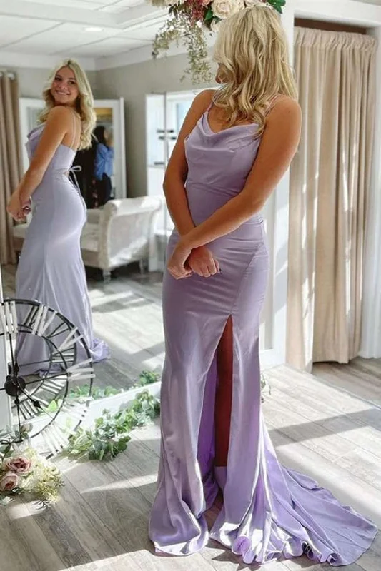 Limited Styles New arrival evening dresses spaghetti straps lavender with slit satin prom dress Y912