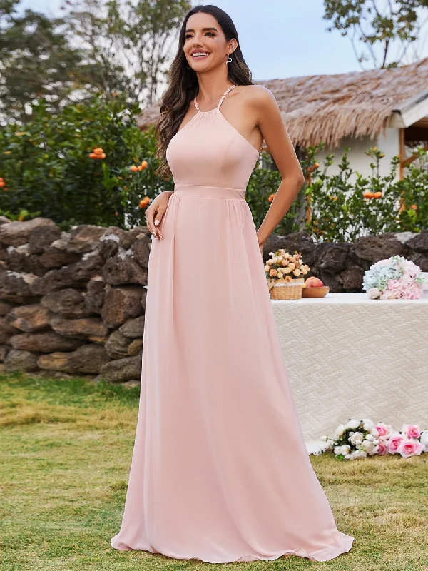 Winter Warm - Up Sale Elegant Belly collar Halter Neck Spaghetti Straps Chiffon Bridesmaid Dresses with  Back Lotus Leaf Stream