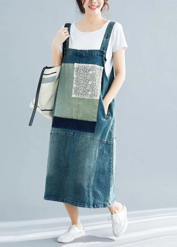 Parisian Effortless Chic Style French denim blue cotton quilting dresses sleeveless cotton robes summer Dress