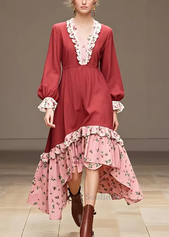 Limited - Stock Italian Red V Neck Ruffled Cotton Dresses Long Sleeve