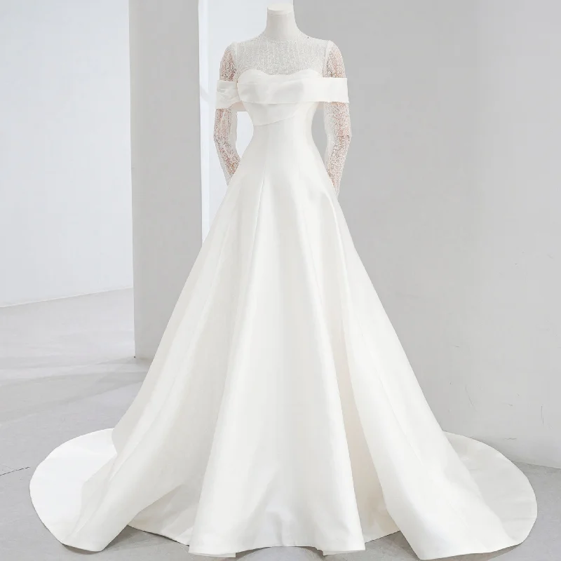 Buy More, Save More Satin A-line Wedding Dresses with Long Lace sleeve and High O-neck