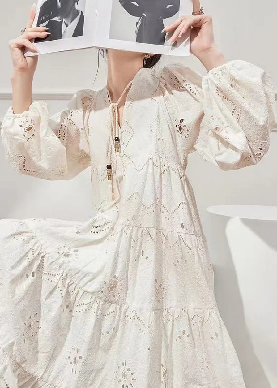 Clearance Event New White Lace Up Hollow Out Cotton Dress Long Sleeve