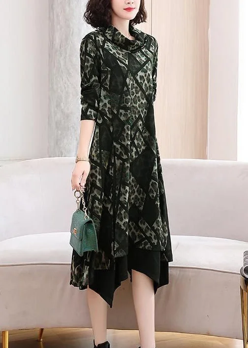 Fashion-Forward Outfits Green Side Open Cotton Dress Turtleneck Long Sleeve