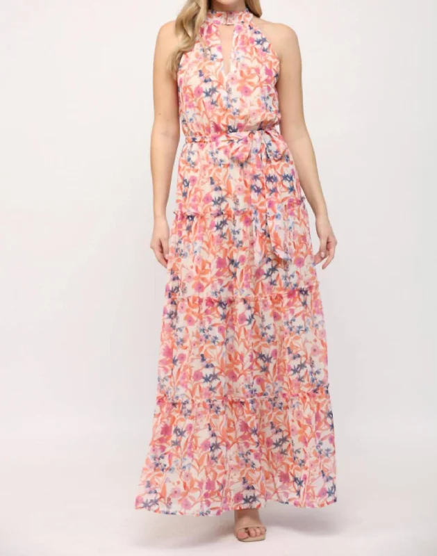 Elegant Style Keyhole Front Ruffle Hem Maxi Dress In Orange Multi Floral