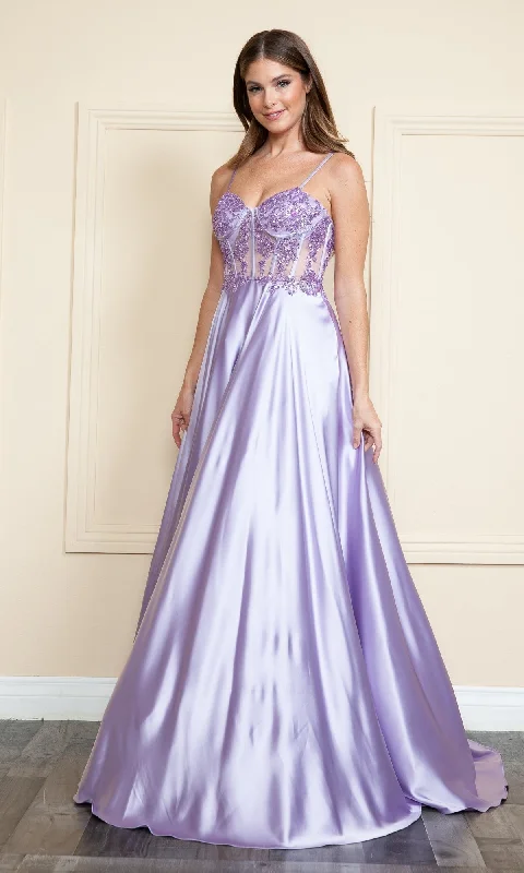 Exclusive Sale Sheer-Corset Long Satin Prom Dress: Poly USA 9126