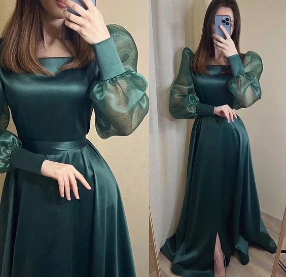 Y2K Nostalgic Fashion Look Modest Dark Green Satin Evening Dress Long Puff Sleeves Organza Square Neck Formal Prom Party Gowns Y4872