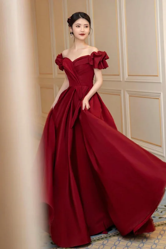 Grab Romantic Date - Night Styles Now Burgundy Satin Long Prom Dress, A-Line Evening Dress Y1658