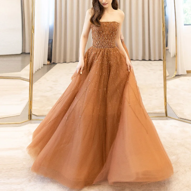 Special Offer Boat Neck Beaded Tulle Rusty Formal Dress Strapless Prom Party Gown