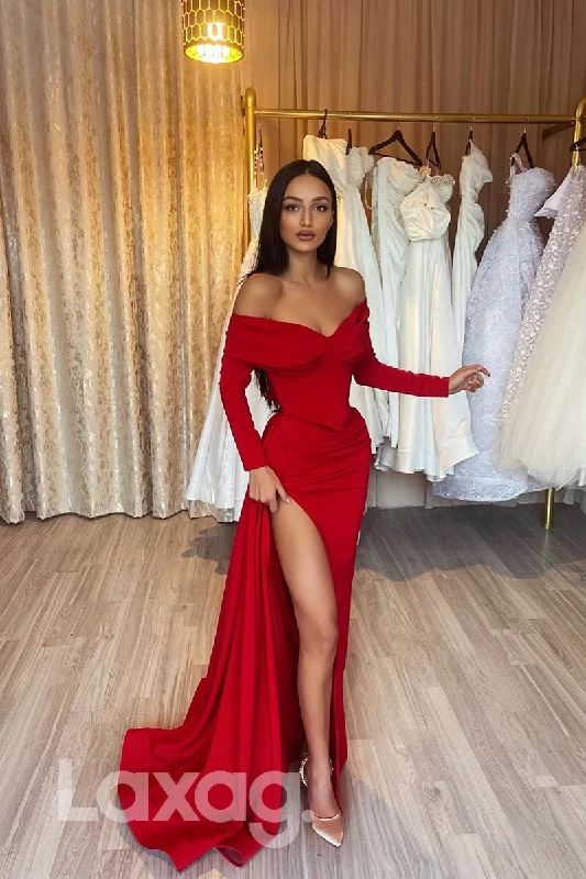 Seasonal Trends 21848 - Off Shoulder Thigh Slit Long Sleeves Red Prom Evening Dress