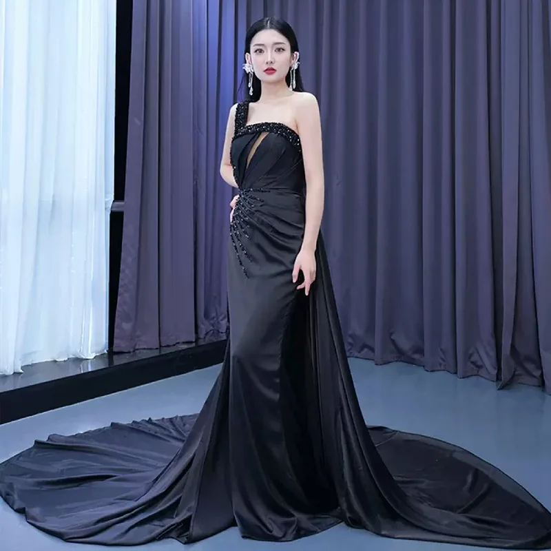 Summer Splash Sale One Shoulder Black Fit and Flare Satin Wedding Dress with Beading