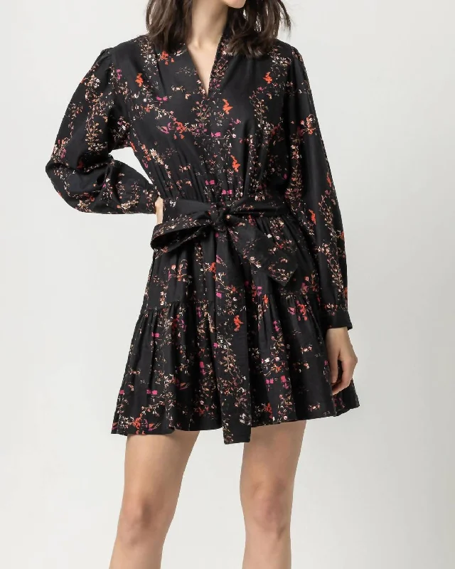 Season Sale Long Sleeve Split Neck Peplum Dress In Black Floral