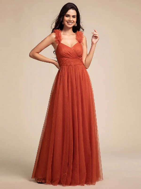 Fashion-Forward Outfits Romantic Deep V Neck Flying sleeve Tulle Bridesmaid Dresses with Gold Stamping Pleated decoration