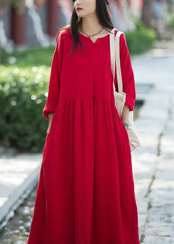 Season Sale Red Wrinkled Patchwork Linen Dress V Neck Long Sleeve