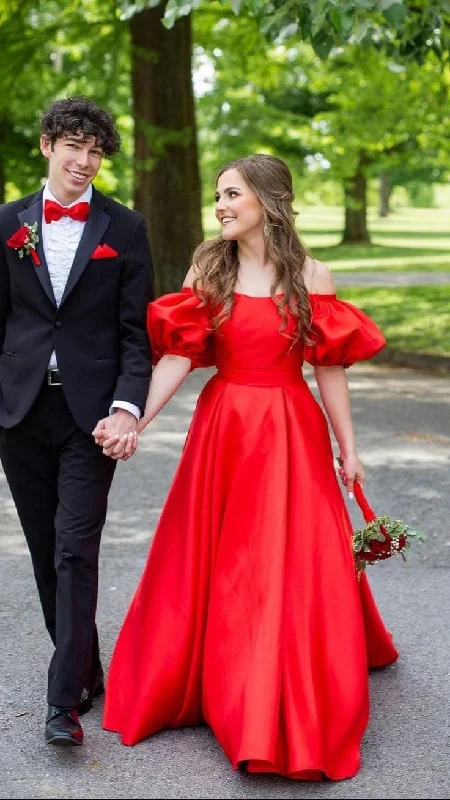 Flash Sale Bubble Sleeve Red A-line Satin Prom Dress,Princess Dress  Y5338