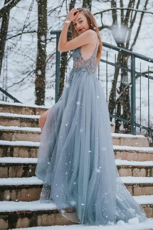 Limited Quantities Elegant elegant misty blue long formal dress features with spaghetti straps prom gowns      cg22365