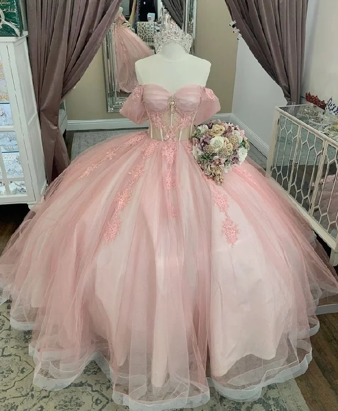 Trend Alert Glitter Pink Off the Shoulder Quinceanera Dresses Ball Gown Prom Dress Crystal Appliques Lace Tull Sweet 16 Vestidos 15 De XV Anos      cg25059