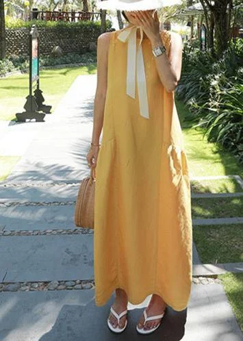 Trend Alert Classy yellow cotton Wardrobes o neck sleeveless Maxi summer Dresses