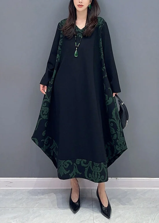 Budget-Friendly Fashion Classy Black Asymmetrical Print Patchwork Cotton Dresses Long Sleeve