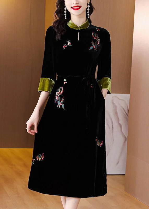 Grab Romantic Date - Night Styles Now Handmade Black Stand Collar Embroidered Pockets Silk Velour Long Dresses Long Sleeve