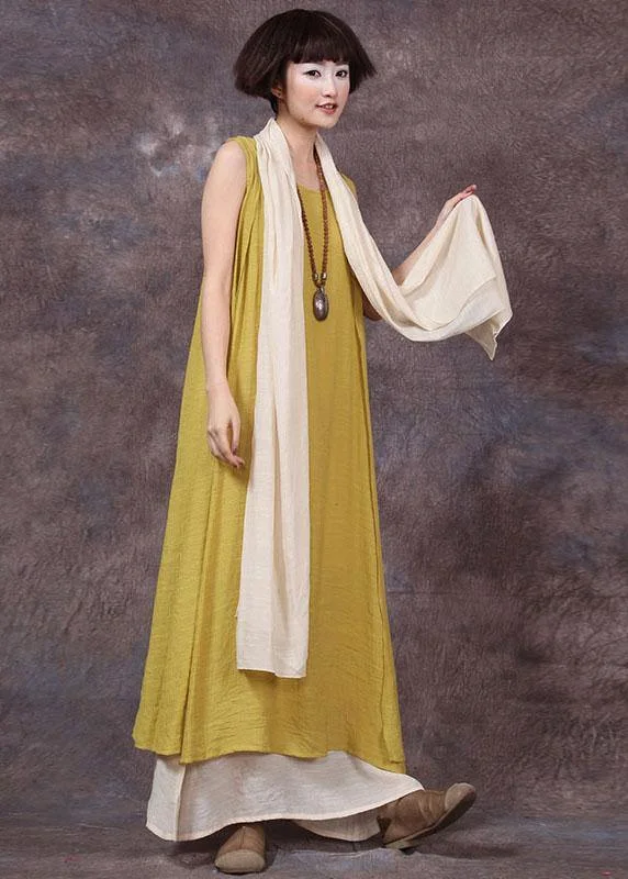 Limited-Time Offer Loose sleeveless linen clothes For Women Sewing yellow Dresses summer