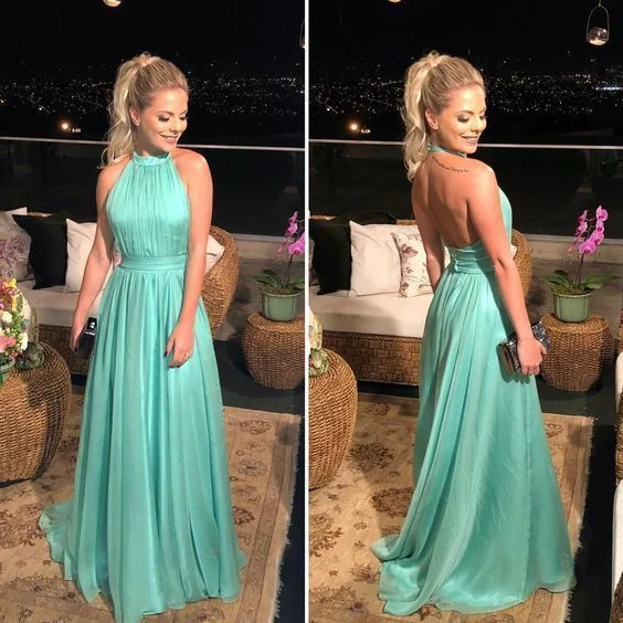 First Order Discount Sexy Halter Green Backless A Line Prom Dress, Chiffon Long Evening Party Gown   cg5593