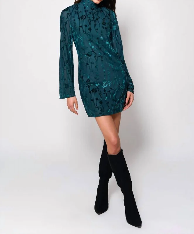 Feminine Soft - Hued Styles Jazzy Mockneck Dress In Emerald Floral