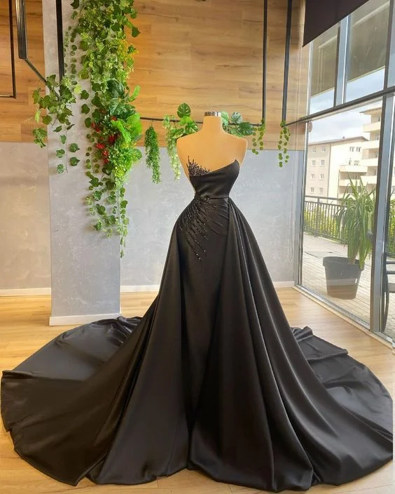 Fashion Forward Black Satin Long Prom Dress Charming Evening Dress With Train Y594