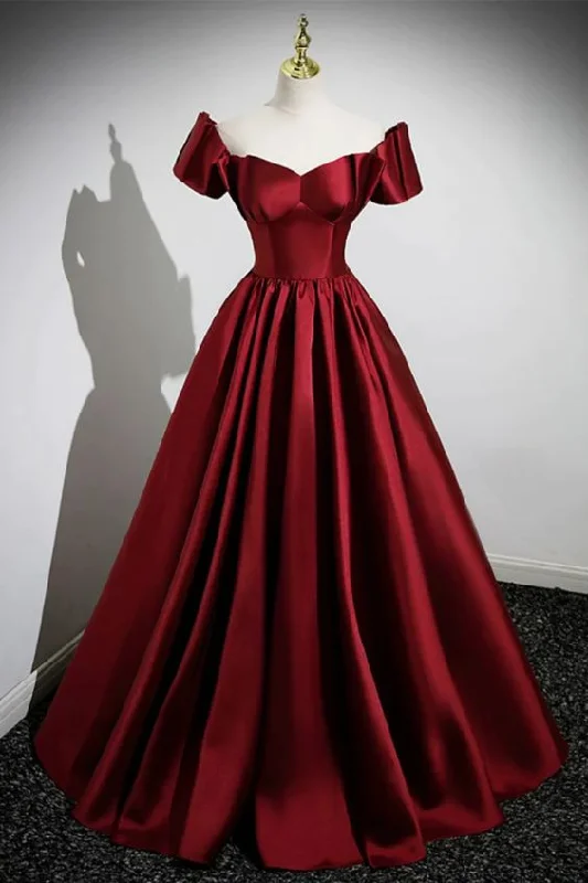 Now On Sale For Chic Urban Styles A Line Burgundy Satin Floor Length Prom Dress, Off the Shoulder New Prom Gown Y6076